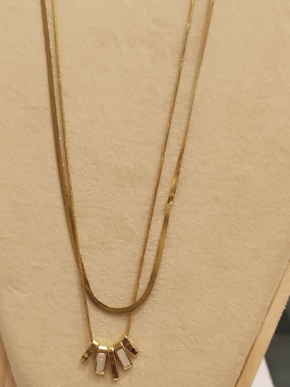 Gold Double Layer Fan Pearl Bar Fringe Necklace
