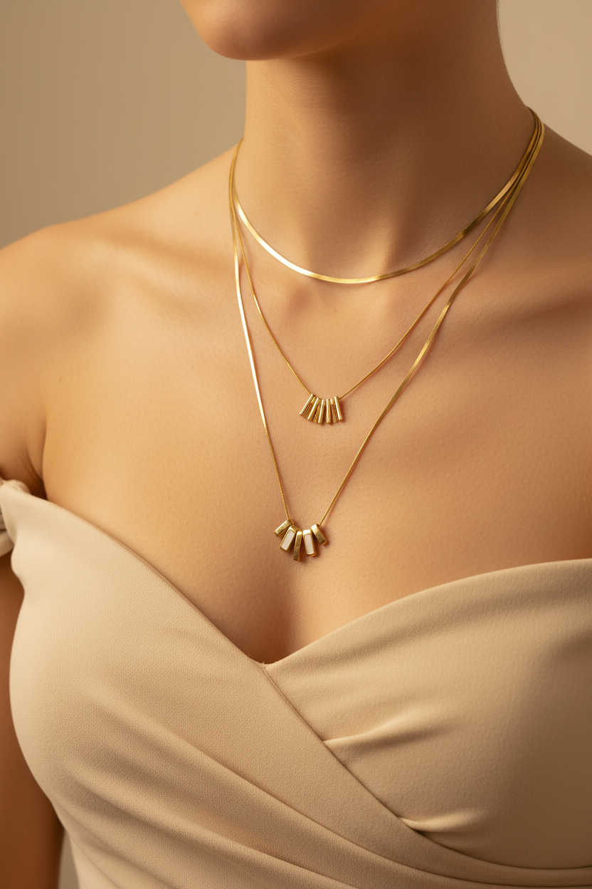 Gold Double Layer Fan Pearl Bar Fringe Necklace