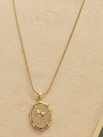 Gold Pave Crystal North Star Coin Pendant Necklace