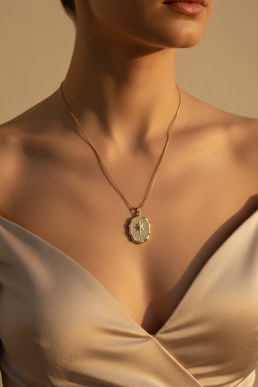Gold Pave Crystal North Star Coin Pendant Necklace