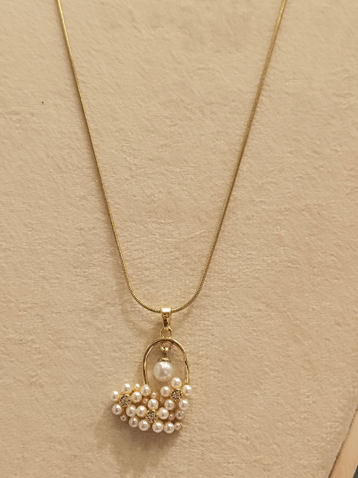 Gold Pearl Crystal Cluster Basket Pendant Necklace