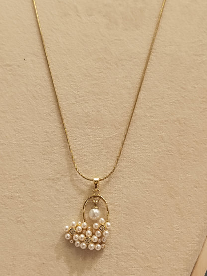 Gold Pearl Crystal Cluster Basket Pendant Necklace