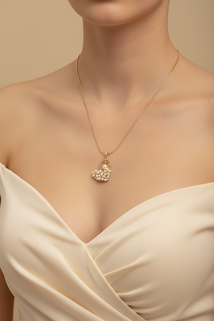 Gold Pearl Crystal Cluster Basket Pendant Necklace