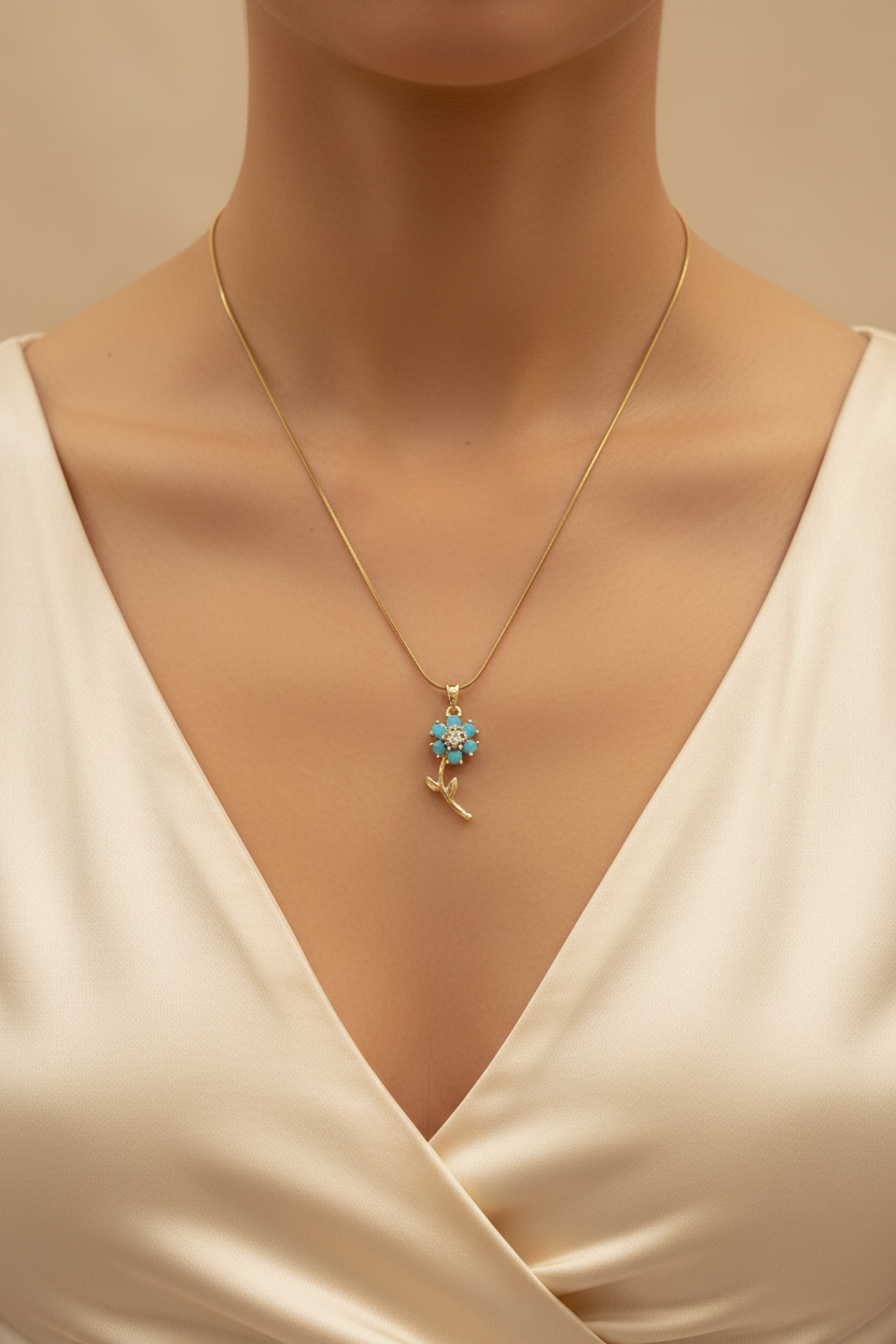 Gold Turquoise Flower Crystal Pendant Necklace