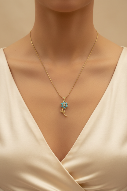 Gold Turquoise Flower Crystal Pendant Necklace