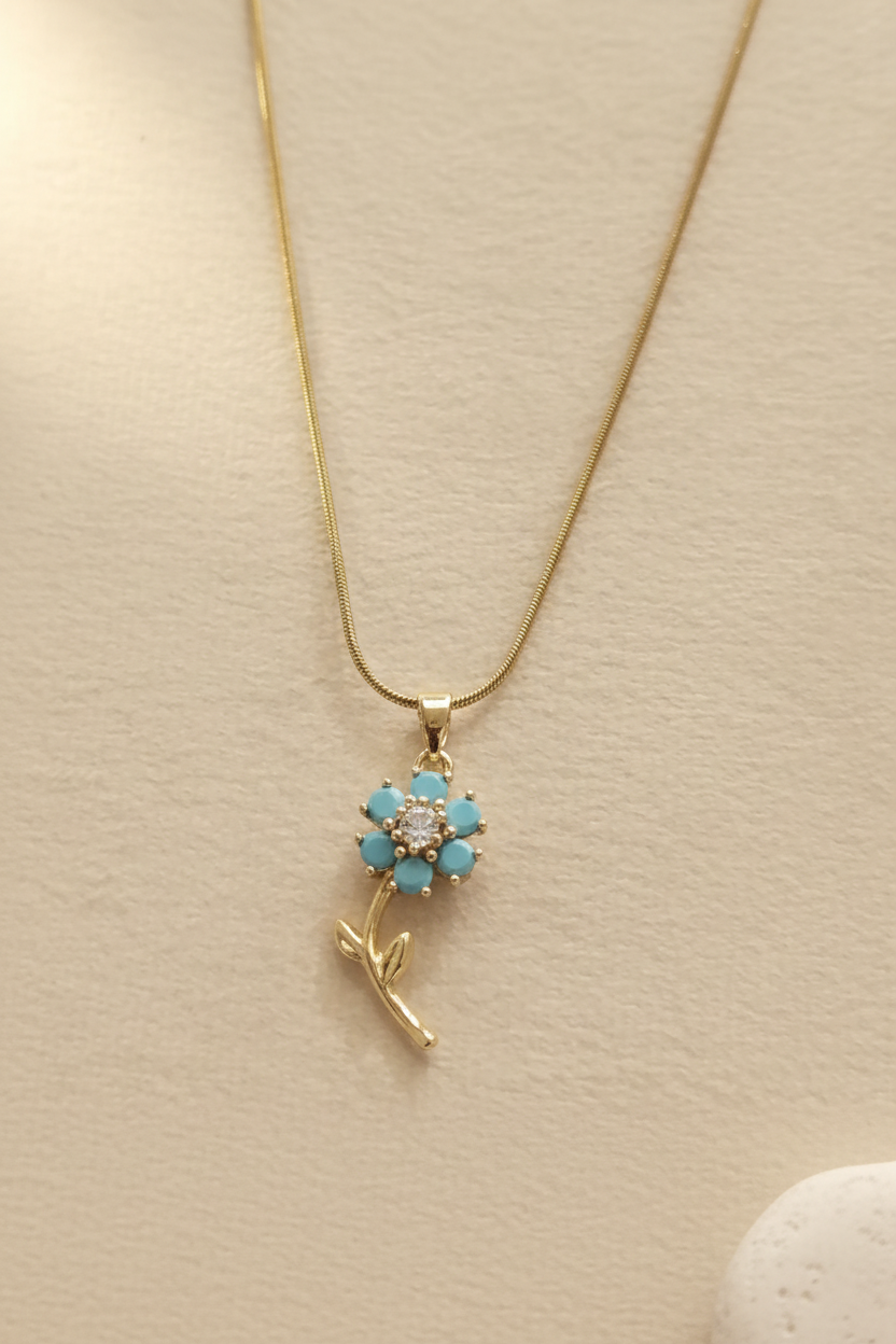 Gold Turquoise Flower Crystal Pendant Necklace