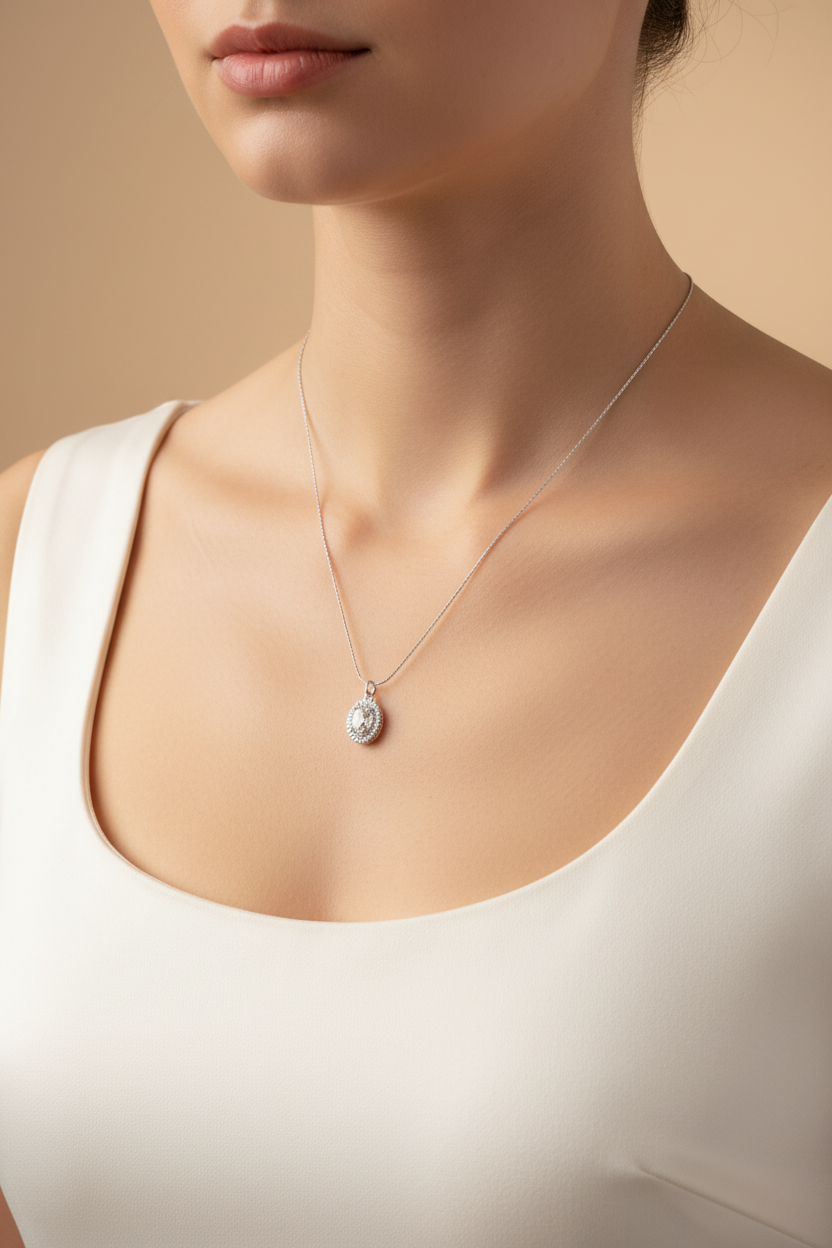Oval CZ Halo Pendant Necklace