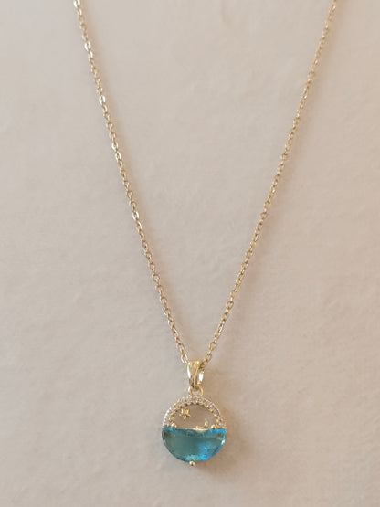 Celestial Moon & Star Aqua Crystal Necklace