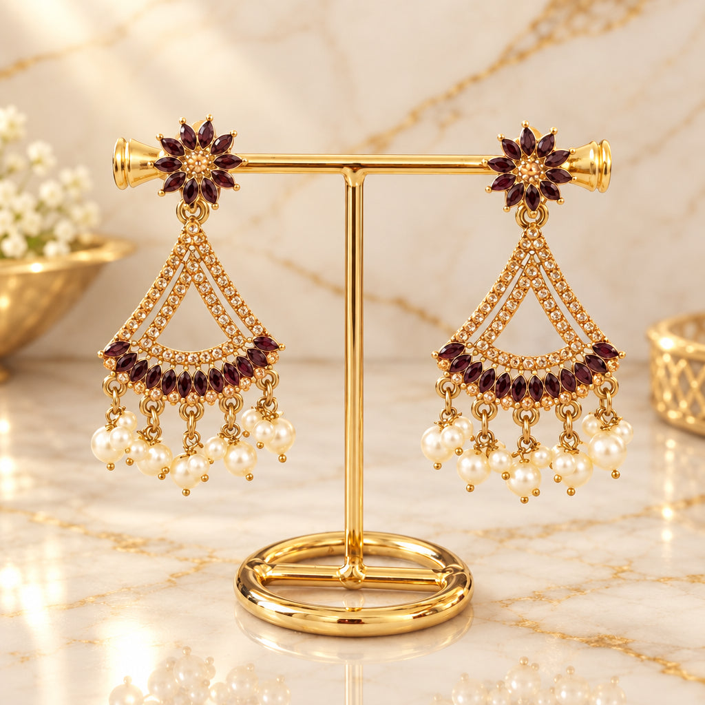 Gold & Maroon Floral Chandelier Earrings