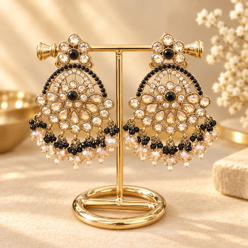Gold & Black Beaded Chandelier Earrings