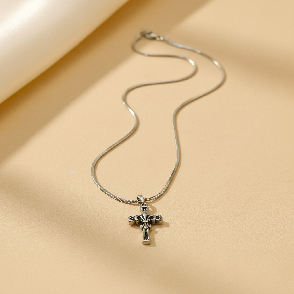 A silver cross pendant necklace with a detailed crucifix design, resting on a warm beige surface with soft shadows.