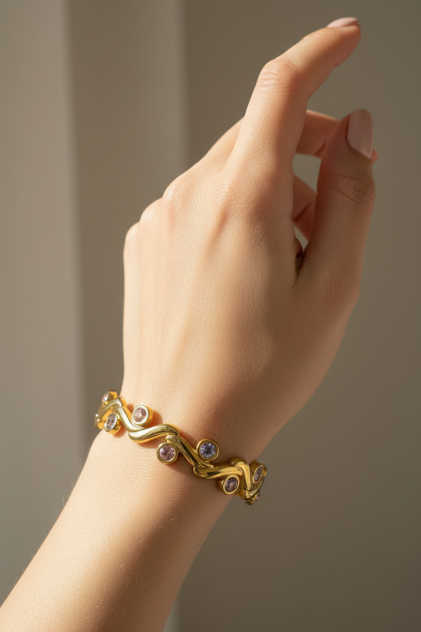 Wave Crystal Gold Bangle