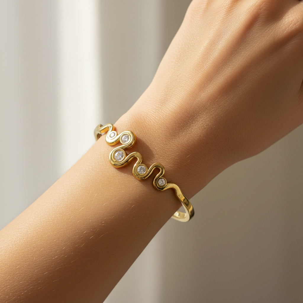 Wave Crystal Accent Gold Bangle