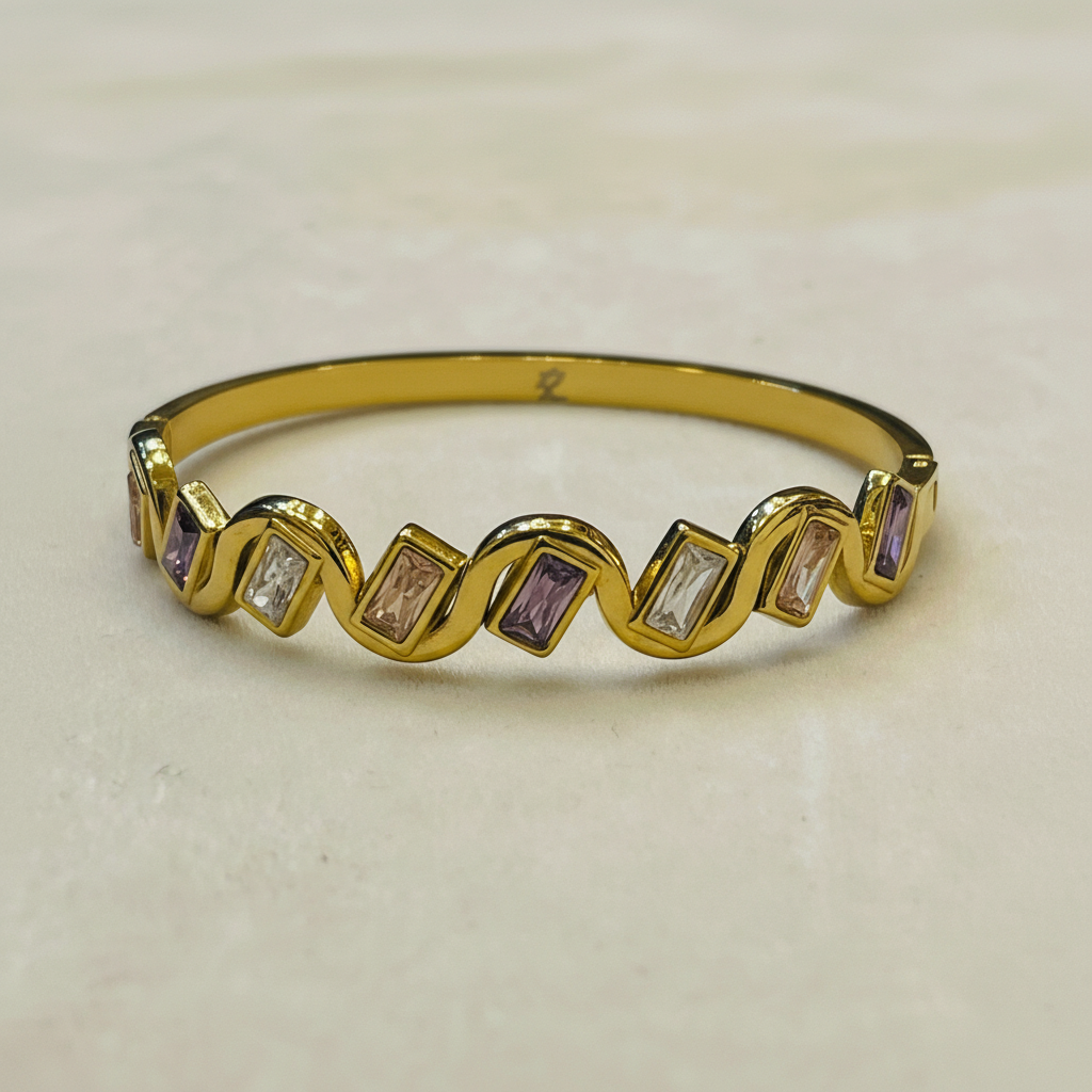 Geometric Wave Crystal Gold Bangle