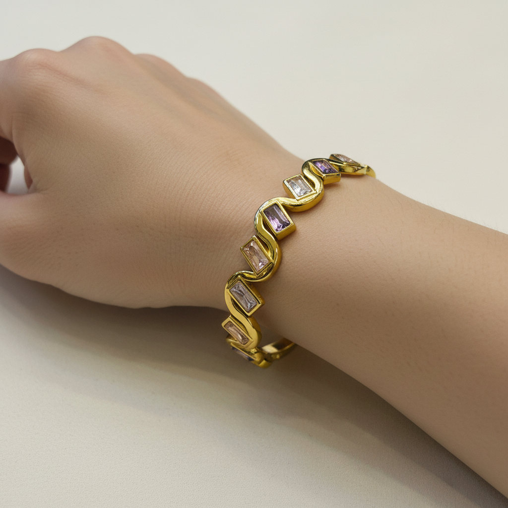 Geometric Wave Crystal Gold Bangle