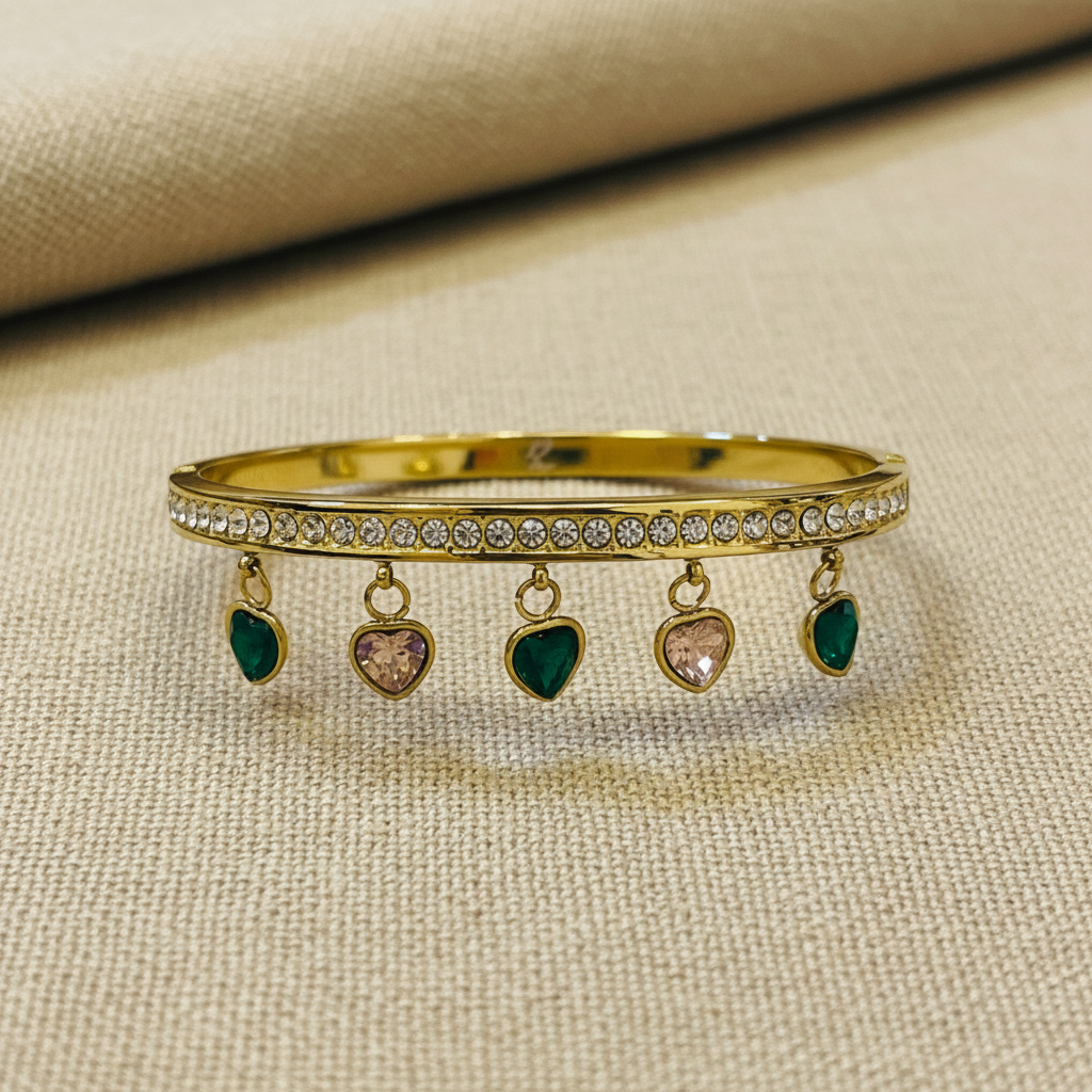 Heart Charm Crystal Gold Bangle