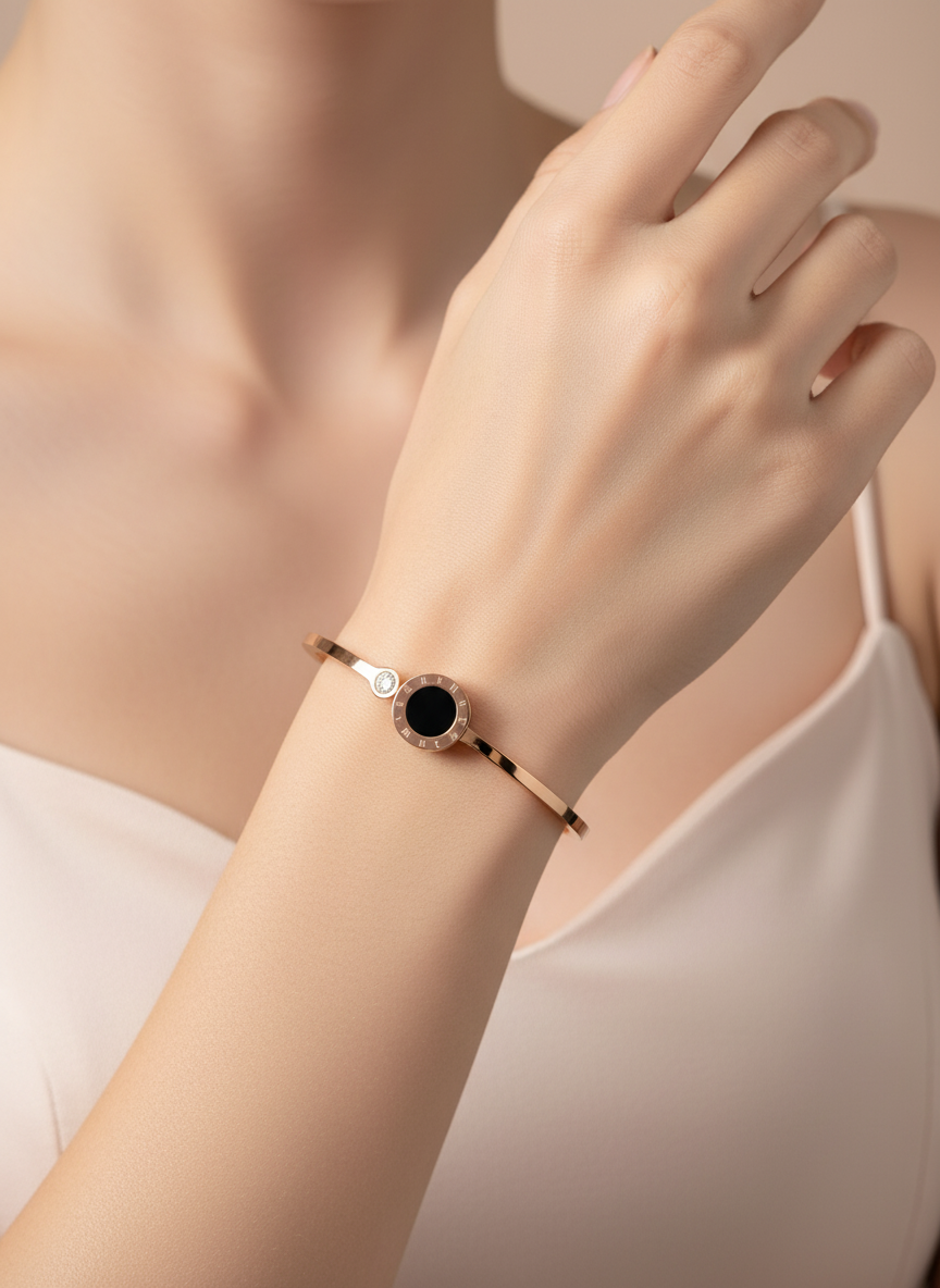 Rose Gold Roman Numeral Black Bangle