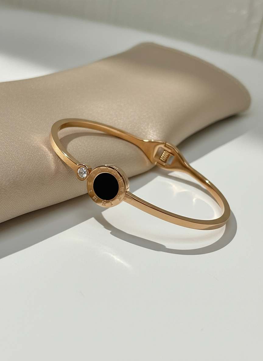 Rose Gold Roman Numeral Black Bangle