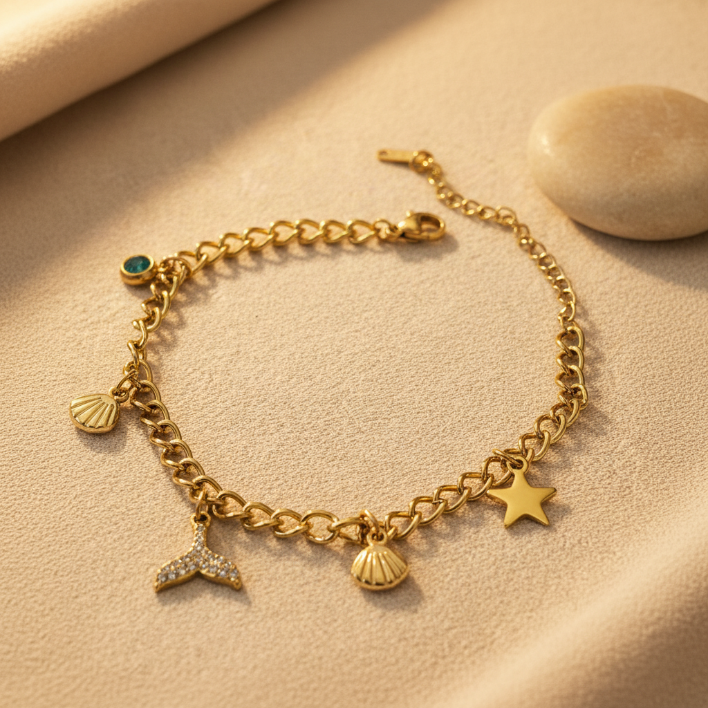 A gold-tone chain bracelet with shell, starfish, and mermaid tail charms, displayed on a textured beige surface with a small green stone accent.