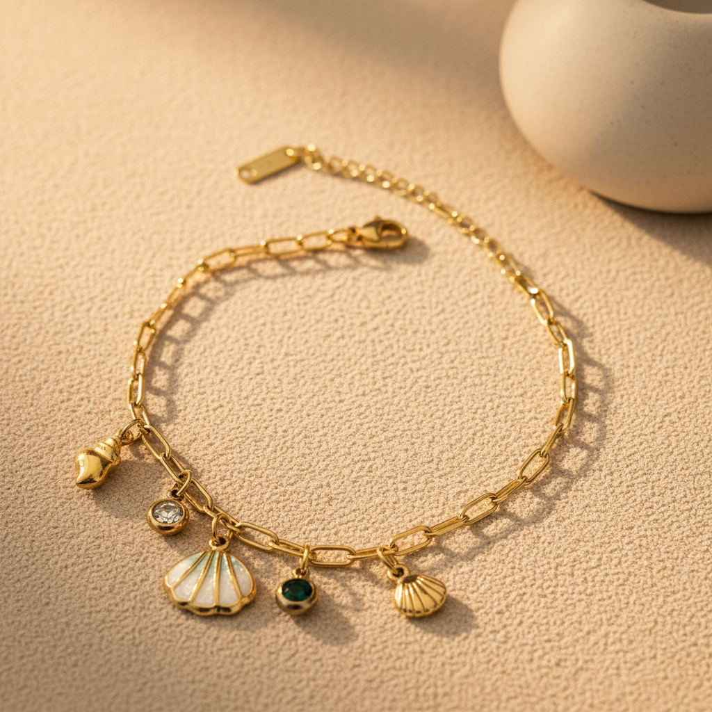 A gold chain bracelet with multiple charms, including a seashell, a conch shell, a small heart-shaped charm, a round clear stone, and a green stone, displayed on a textured beige surface.