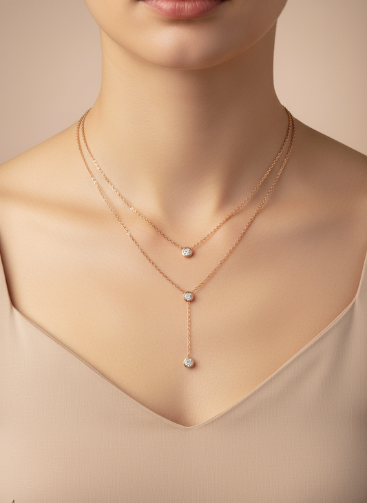 Bezel Set Drop Layering Rose Gold Necklace