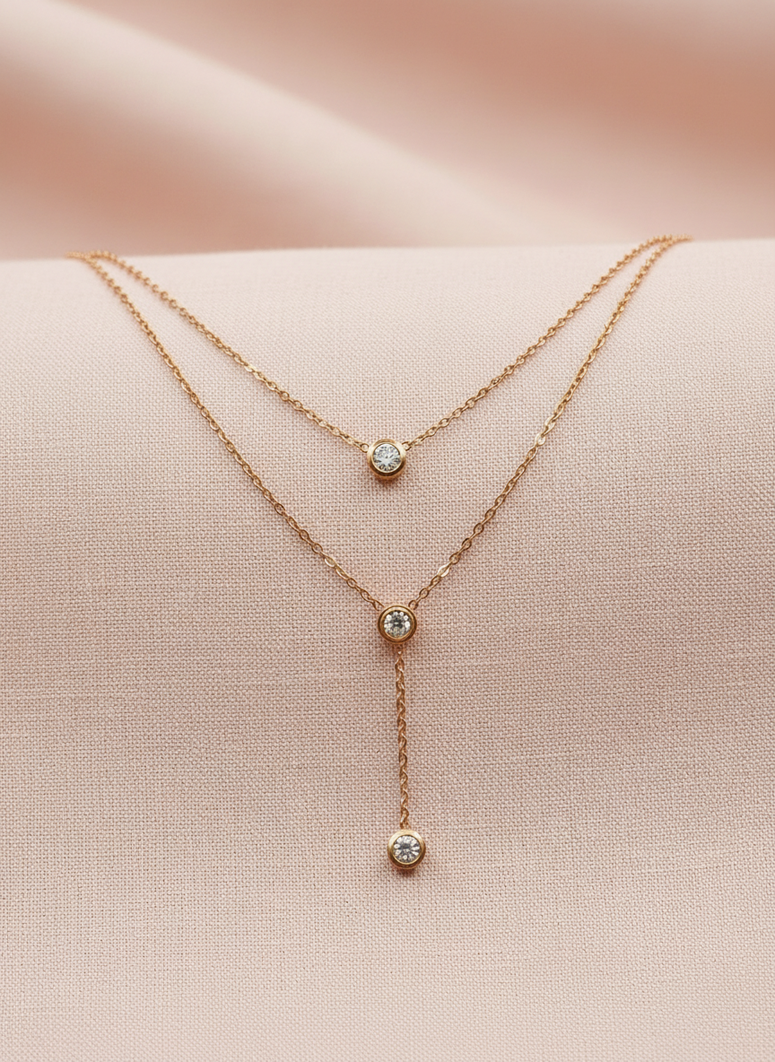 Bezel Set Drop Layering Rose Gold Necklace