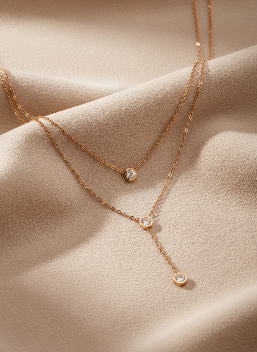 Bezel Set Drop Layering Rose Gold Necklace
