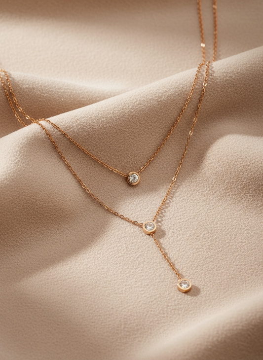 Bezel Set Drop Layering Rose Gold Necklace
