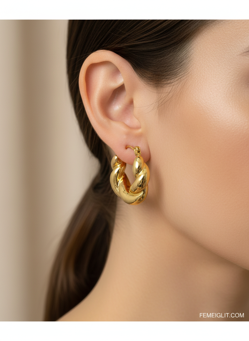 Gold hoop earrings on a white background