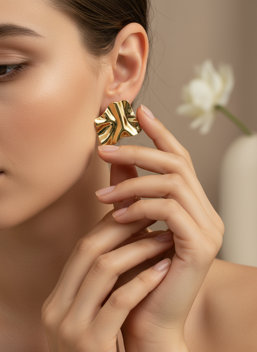 Gold leaf-shaped earrings on a white beaded background