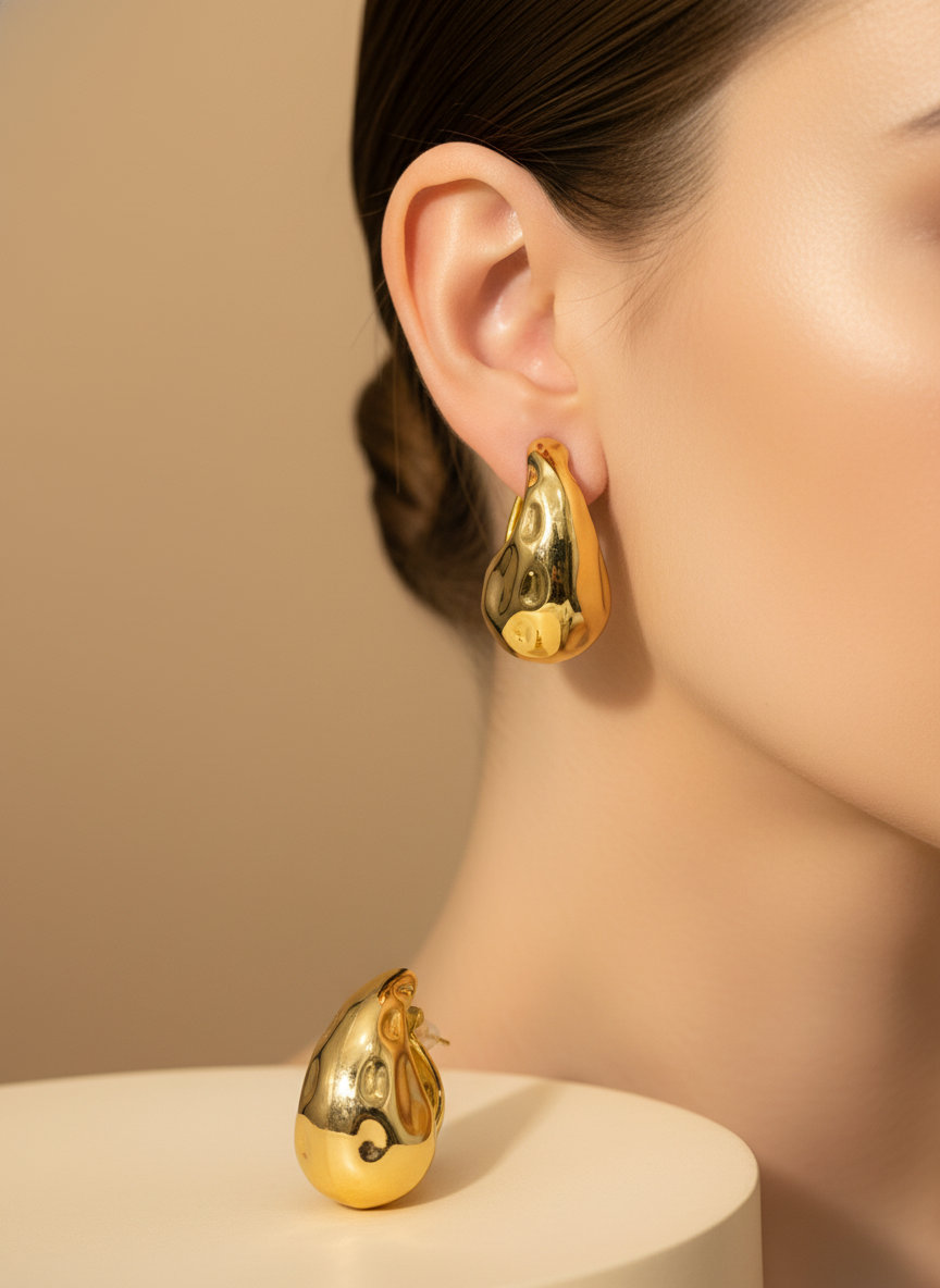Gold teardrop-shaped earrings on a white surface with a floral background