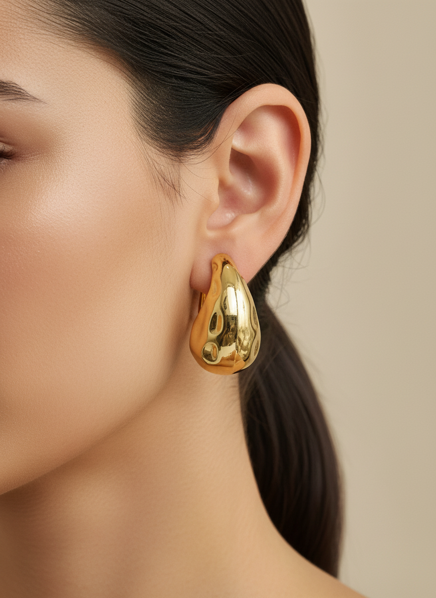 Gold teardrop-shaped earrings on a white surface with a floral background