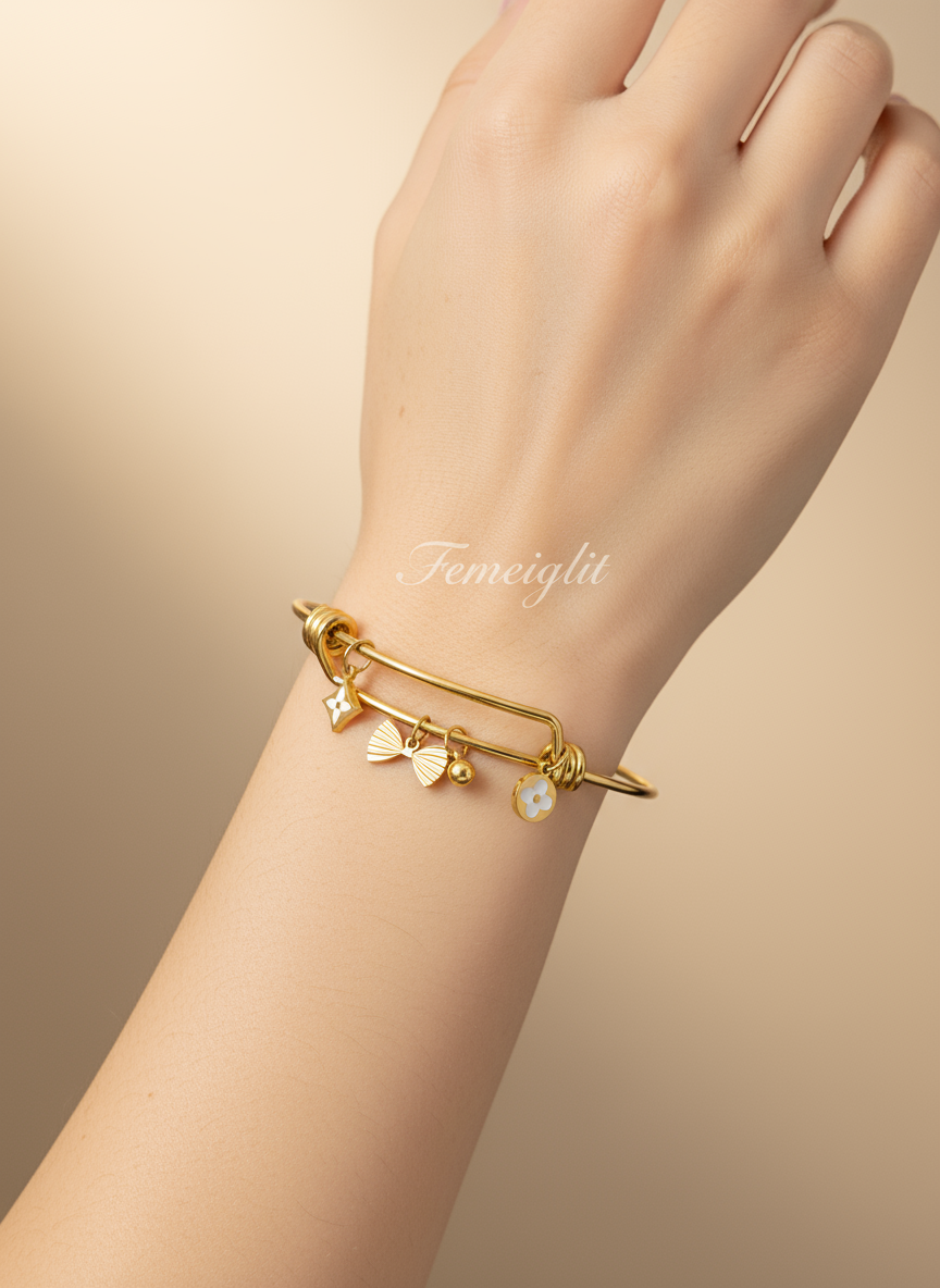 Designer Clover & Bow Charm Bangle