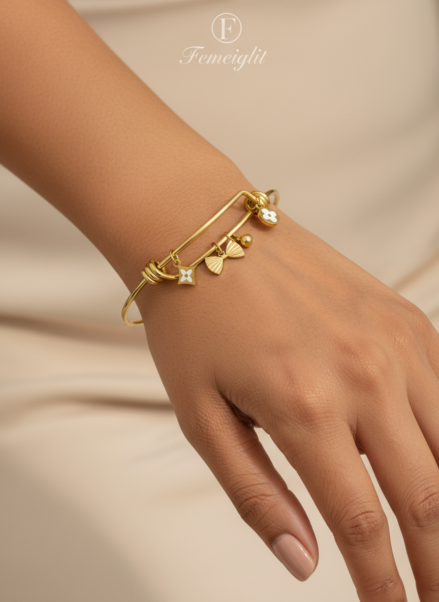 Designer Clover & Bow Charm Bangle