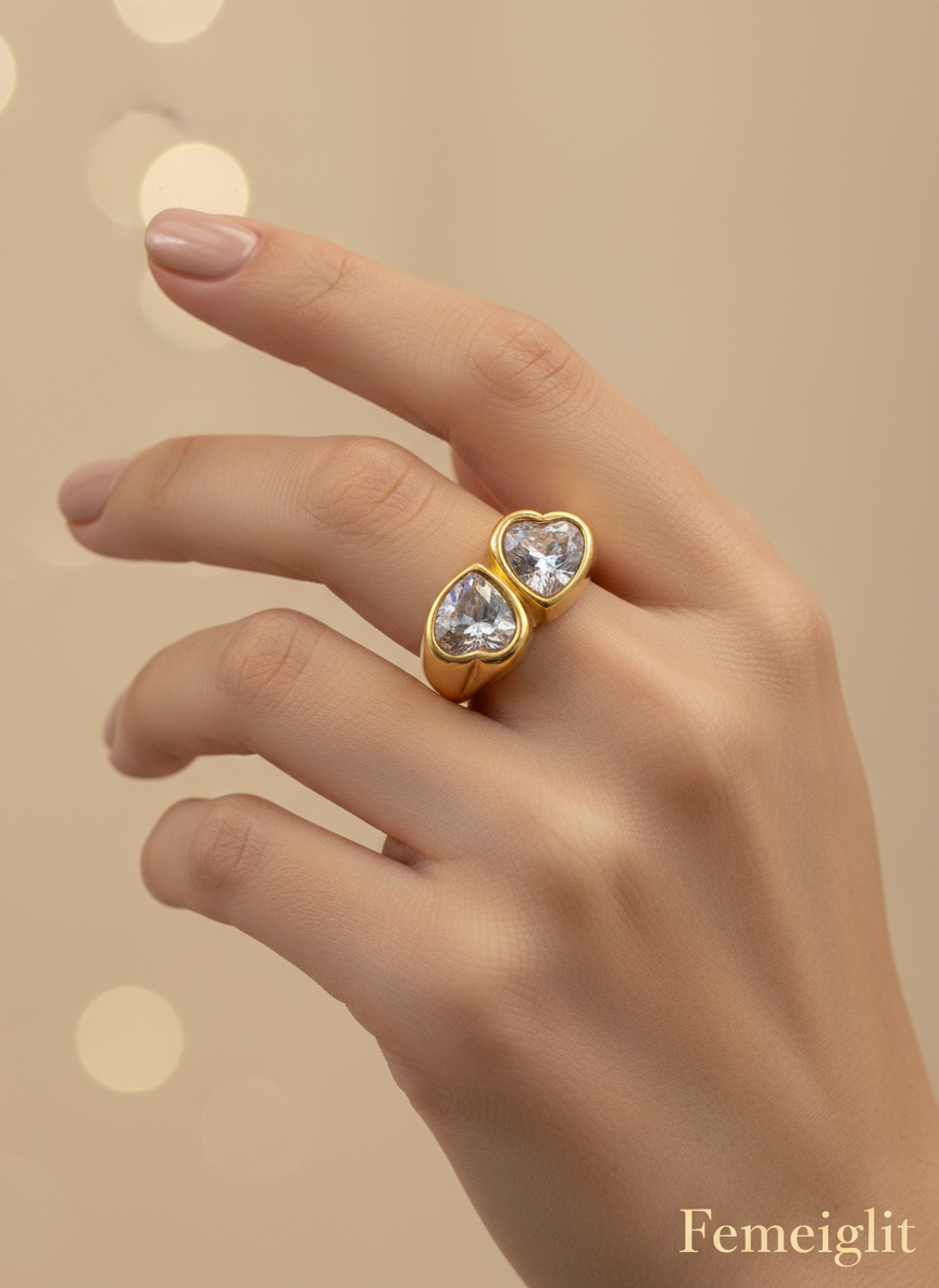 Twin Heart Crystal Signet Ring