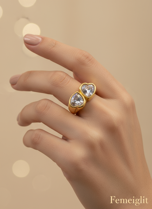 Twin Heart Crystal Signet Ring