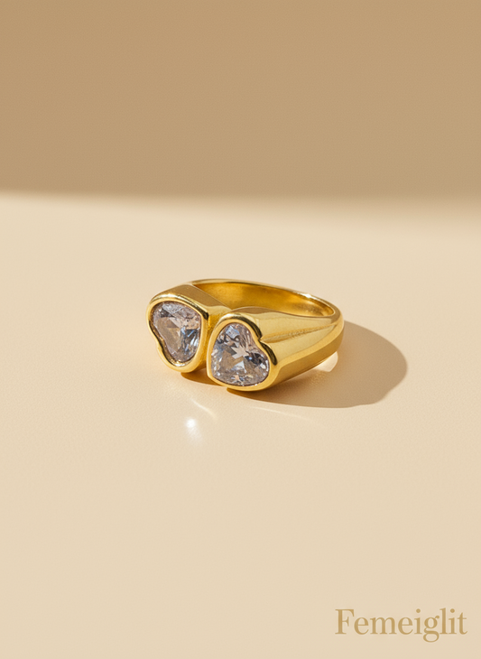 Twin Heart Crystal Signet Ring