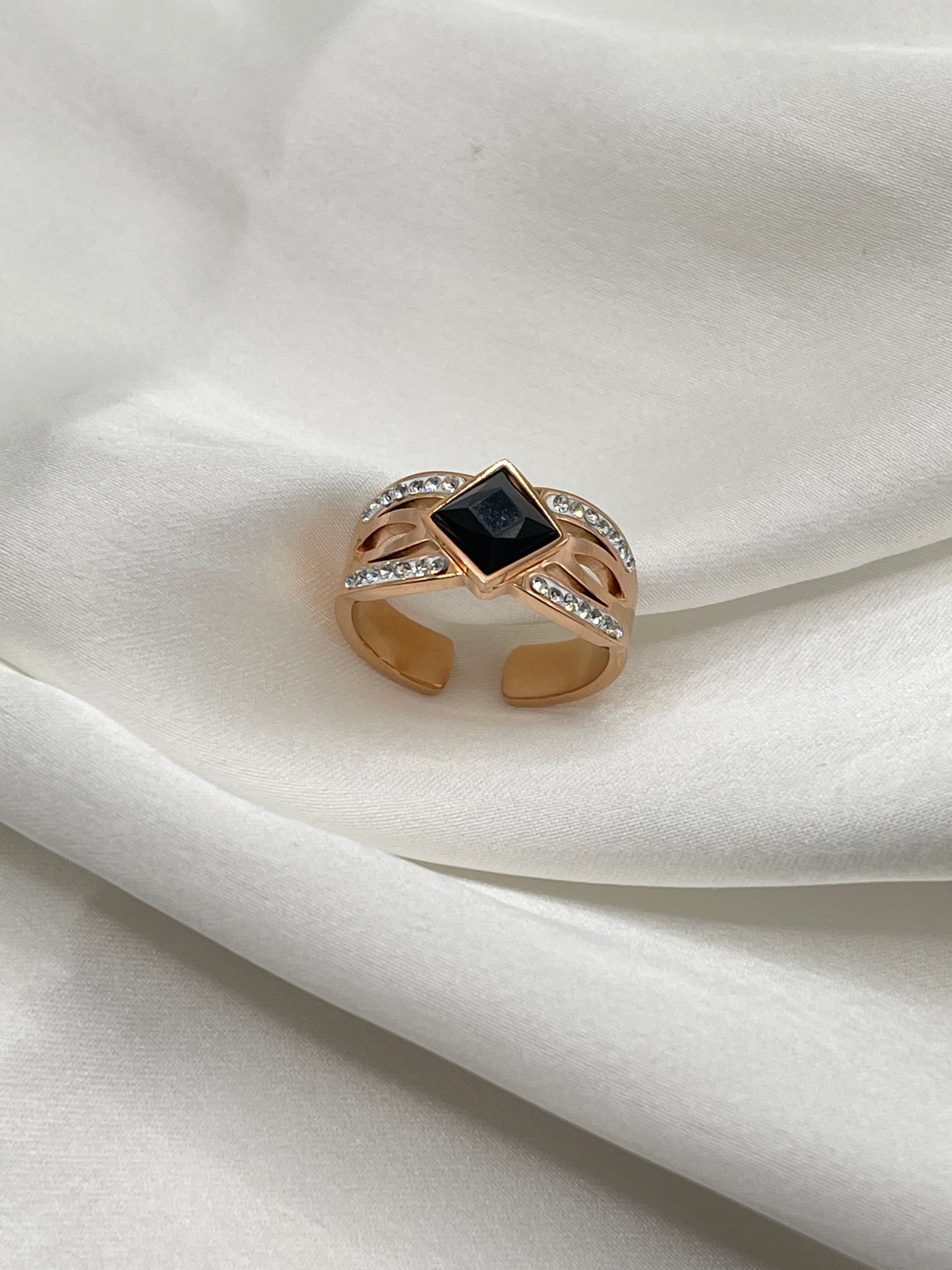 Rose Gold Black Gemstone Pave Open Ring