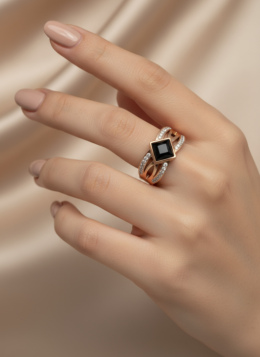 Rose Gold Black Gemstone Pave Open Ring