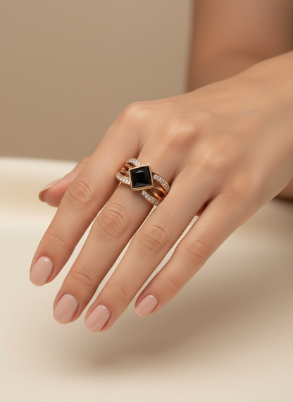 Rose Gold Black Gemstone Pave Open Ring