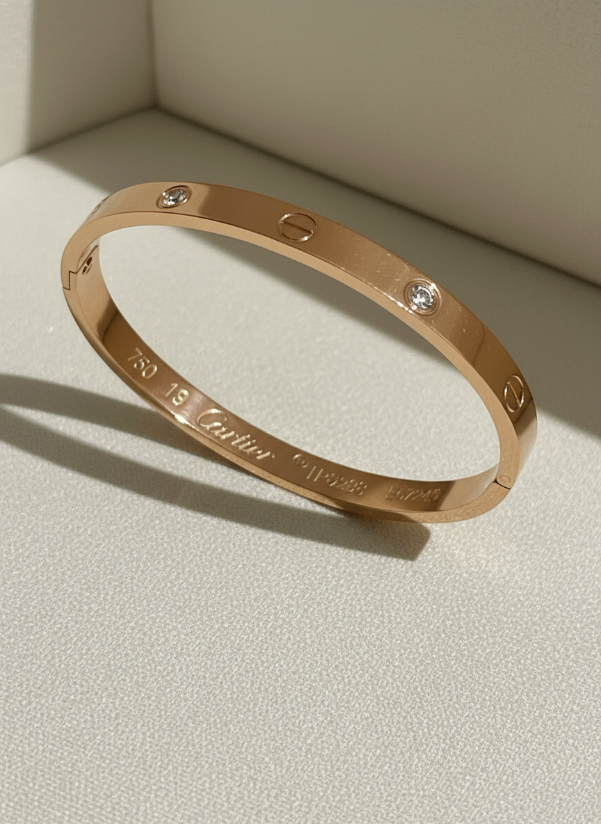 Rose gold bracelet with diamonds on a white background