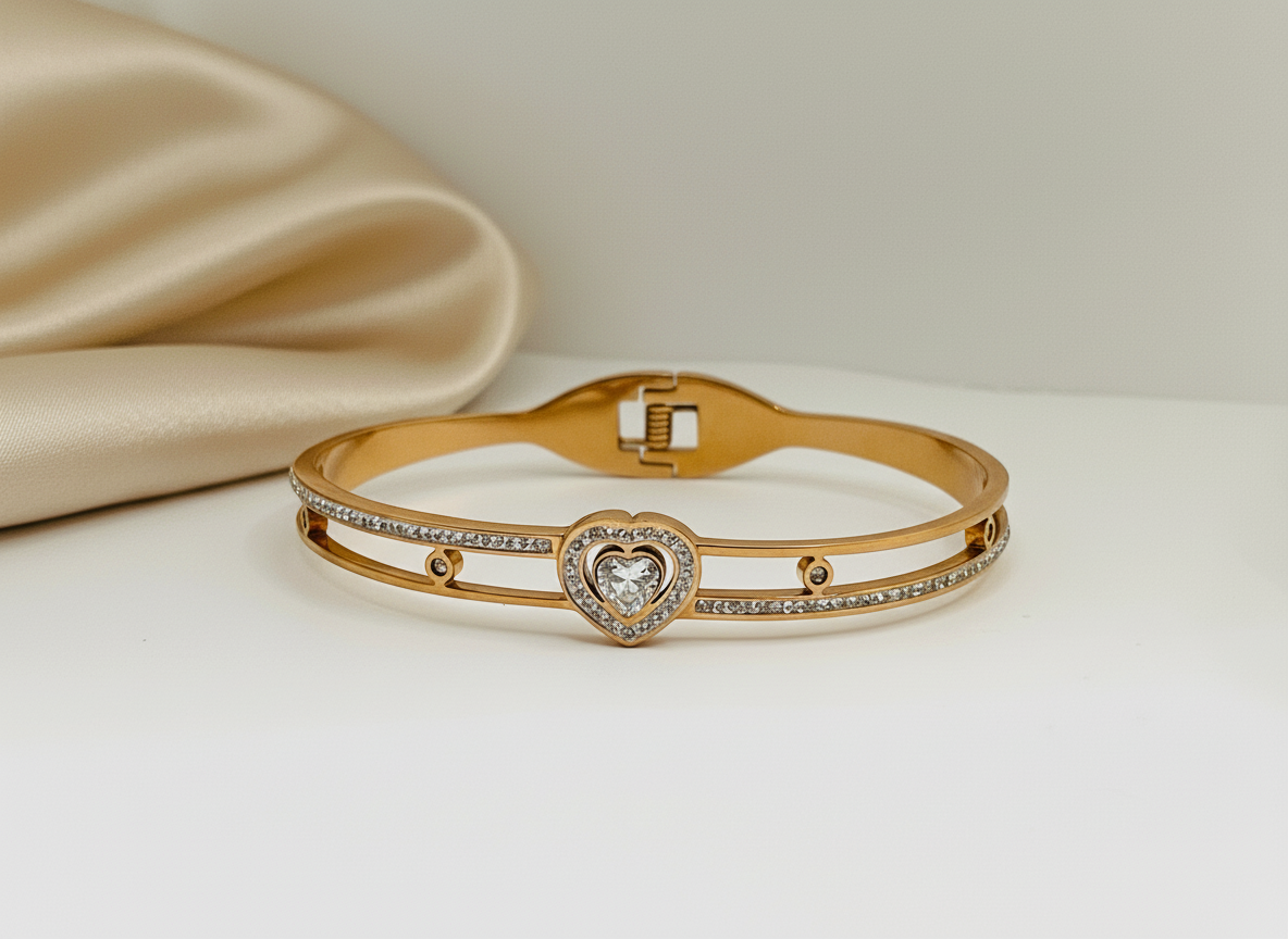 Rose Gold Double-Band Heart Bangle
