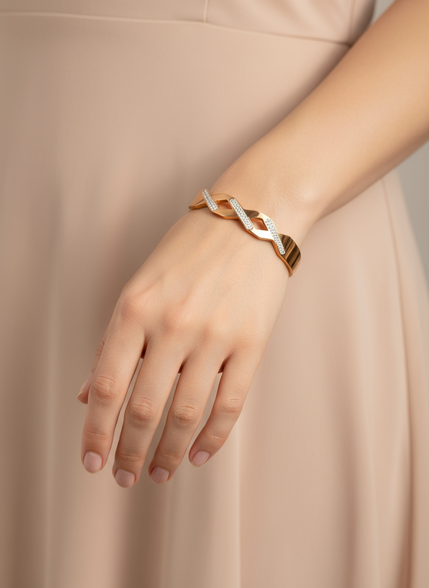 Rose Gold Weave Bangle with Crystal Accents