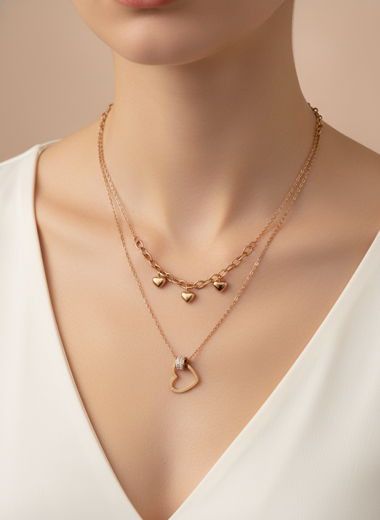 Double Layered Heart Cluster Rose Gold Necklace