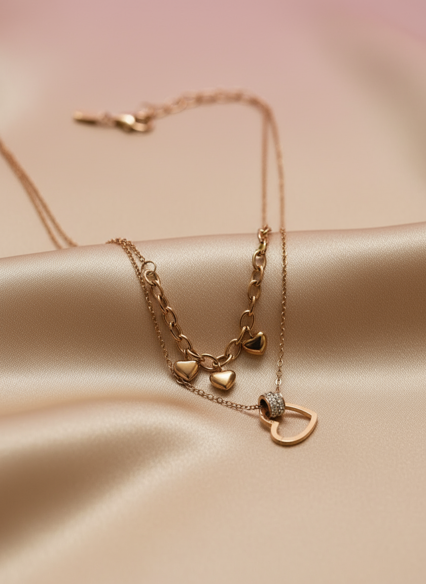 Double Layered Heart Cluster Rose Gold Necklace