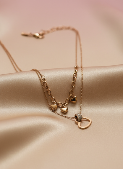 Double Layered Heart Cluster Rose Gold Necklace