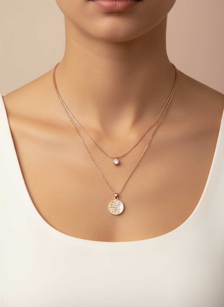 Necklace with a pendant on a person wearing a white top against a beige background