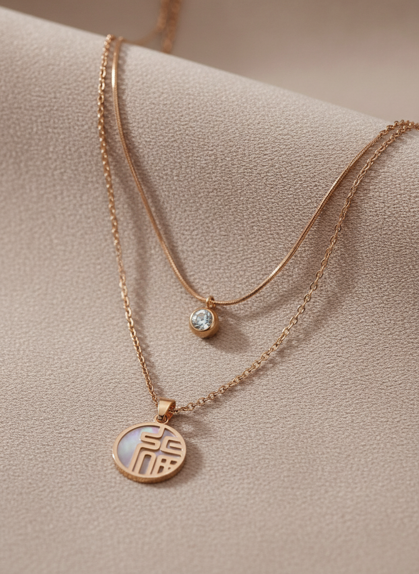 double layer rose gold necklaces with pendants on a beige surface