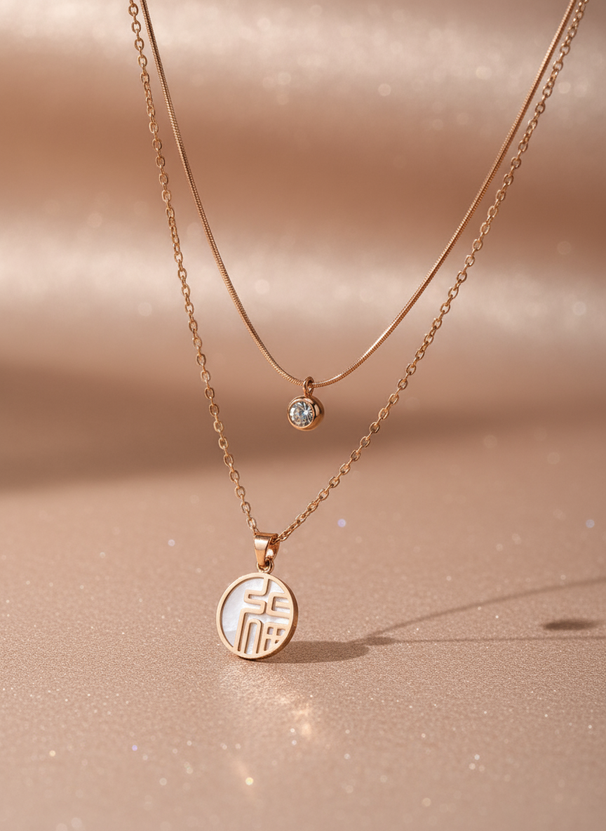 Double layer necklaces with pendants on a rose gold background