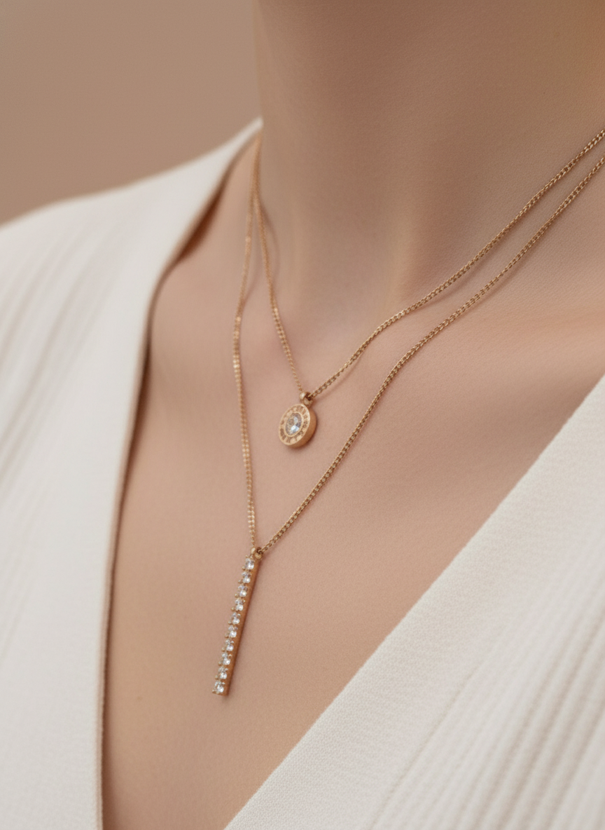 Pave Bar Double Layer Rose Gold Necklace